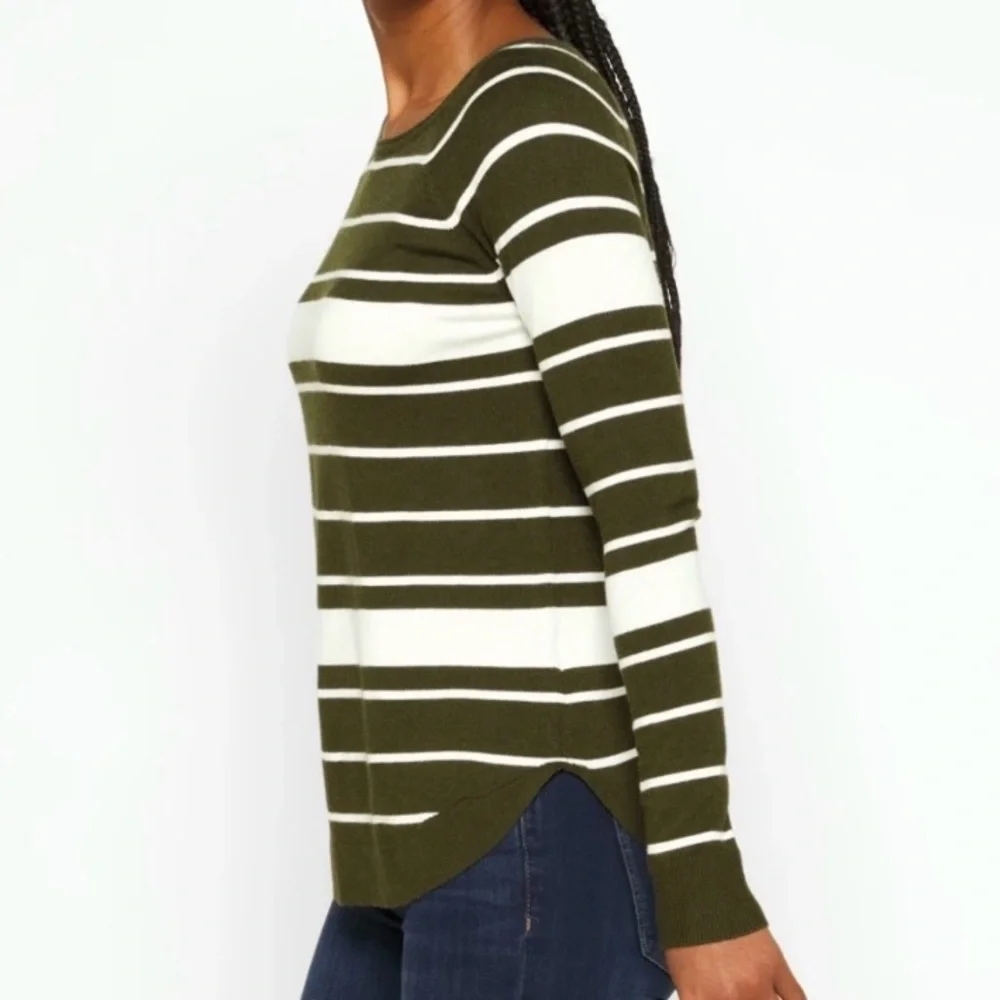 Pink Clover Stitch Fix Valencia Curved Hem‎ Sweater Olive Green Stripe Medium